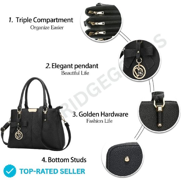 Top Handle Satchel Shoulder Bag 3 Zippered Compartments Minimal Chic Elegant - Picture 3 of 4